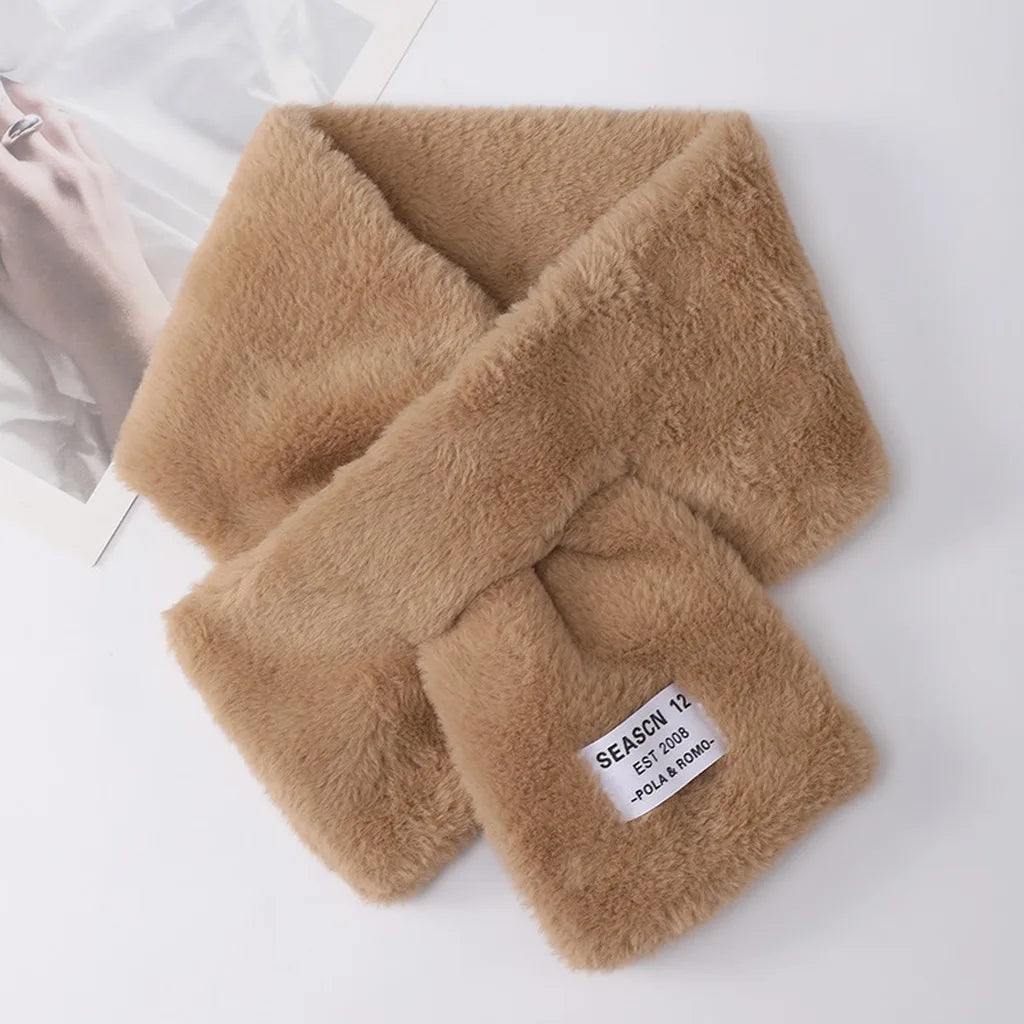 Pull-Through Faux Fur Scarf – Plush Letter Patch Neck Warmer Faux Fur Scarf SWANS Khaki