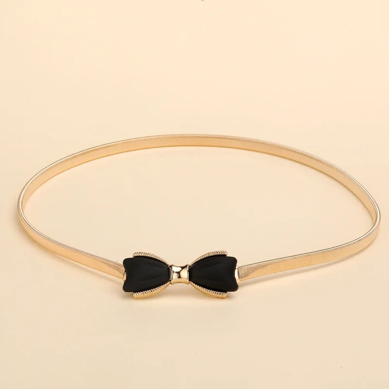Retro Bow Waist Belt for Women – Thin Elastic Metal Dress Belt Women's Fashion Belt SWANS golden 70cm