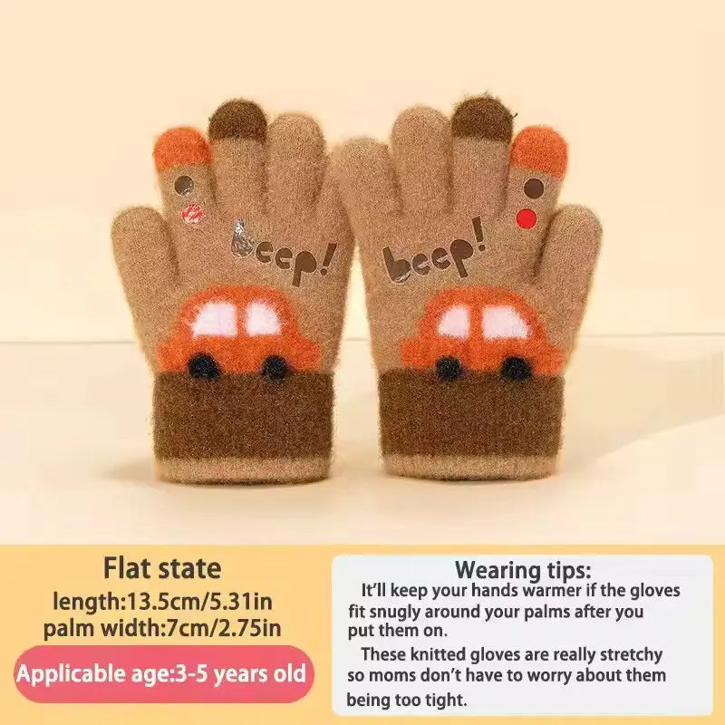 Kids Winter Knit Gloves Cartoon Car Design | Ages 3–7 Kids Winter Gloves SWANS Brown One Size