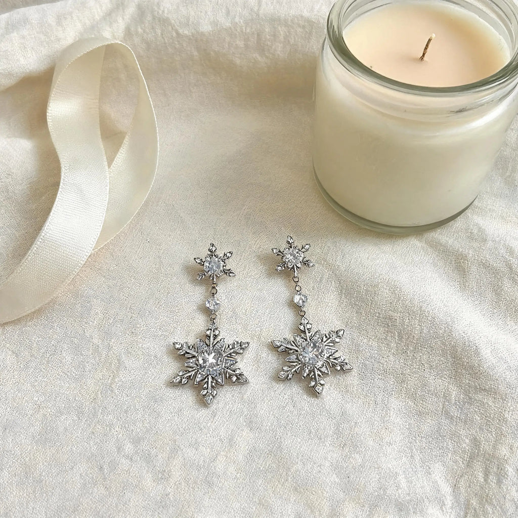 Double Snowflake Dangle Earrings – Hypoallergenic CZ Drop Dangle Earrings SWANS