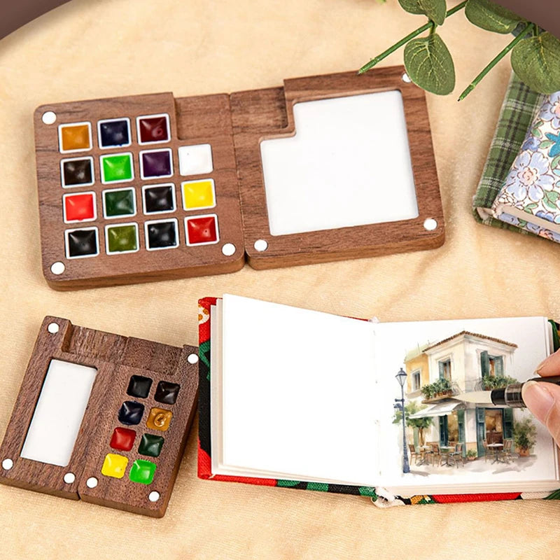 Walnut Wood Miniature Watercolor Palette & Portable Paint Box Watercolor Palette SWANS