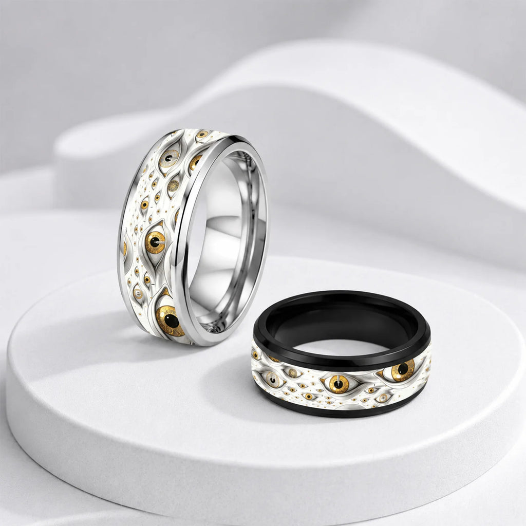 2-Piece 8MM Eye of Truth Stainless Steel Ring Set | Black & White Stainless Steel Ring Set SWANS