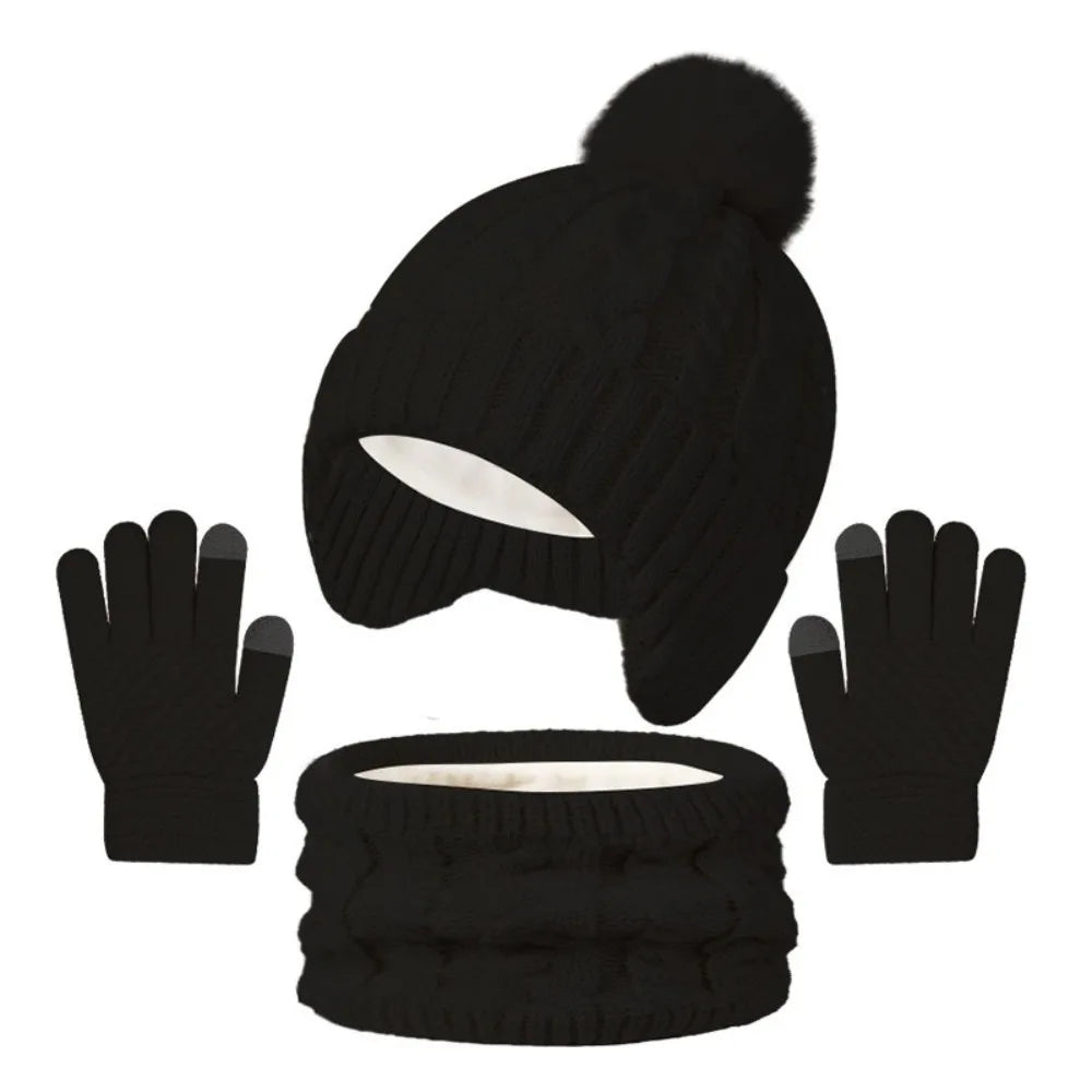 Kids Winter Knit Hat Scarf & Gloves Set – Pompom 3–10Y Kids Winter Accessories Set SWANS Black