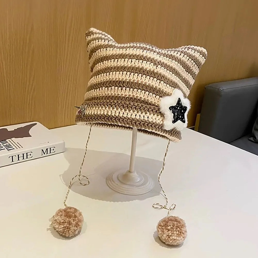 Y2K Knitted Beanie Hat – Pointed Ears Striped Star Devil Knitted Beanie Hat SWANS khaki-beige