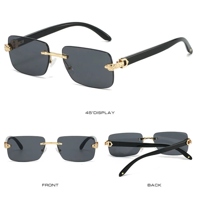 TOYEARN Rimless Square Sunglasses UV400 Vintage Wooden Grain Fashion Sunglasses SWANS