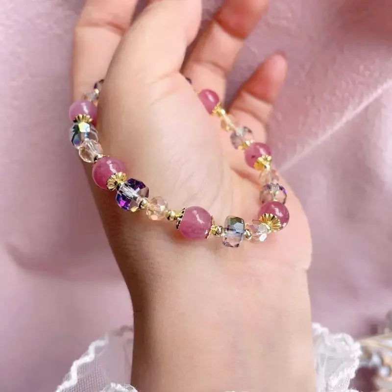 Natural Strawberry Crystal Beaded Bracelet – Pink Elastic Bangle Crystal Beaded Bracelet SWANS