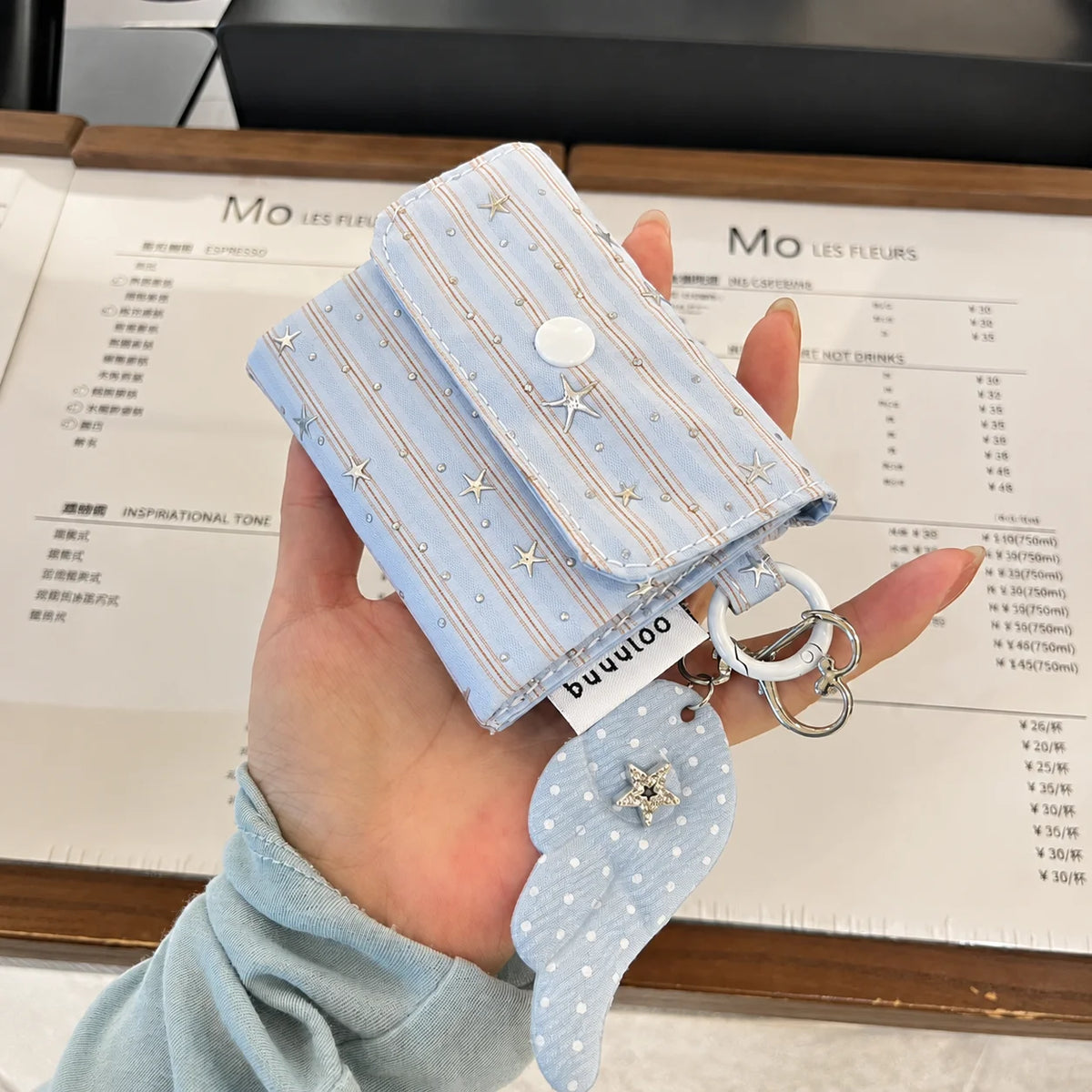 Tri-Fold Canvas Coin Purse & Card Holder with Charm Coin Purse Wallet SWANS Light Blue