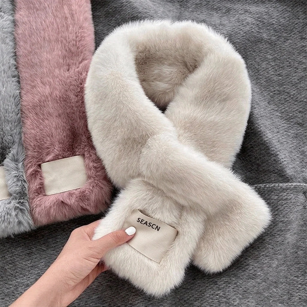 Pull-Through Faux Fur Scarf – Plush Letter Patch Neck Warmer Faux Fur Scarf SWANS