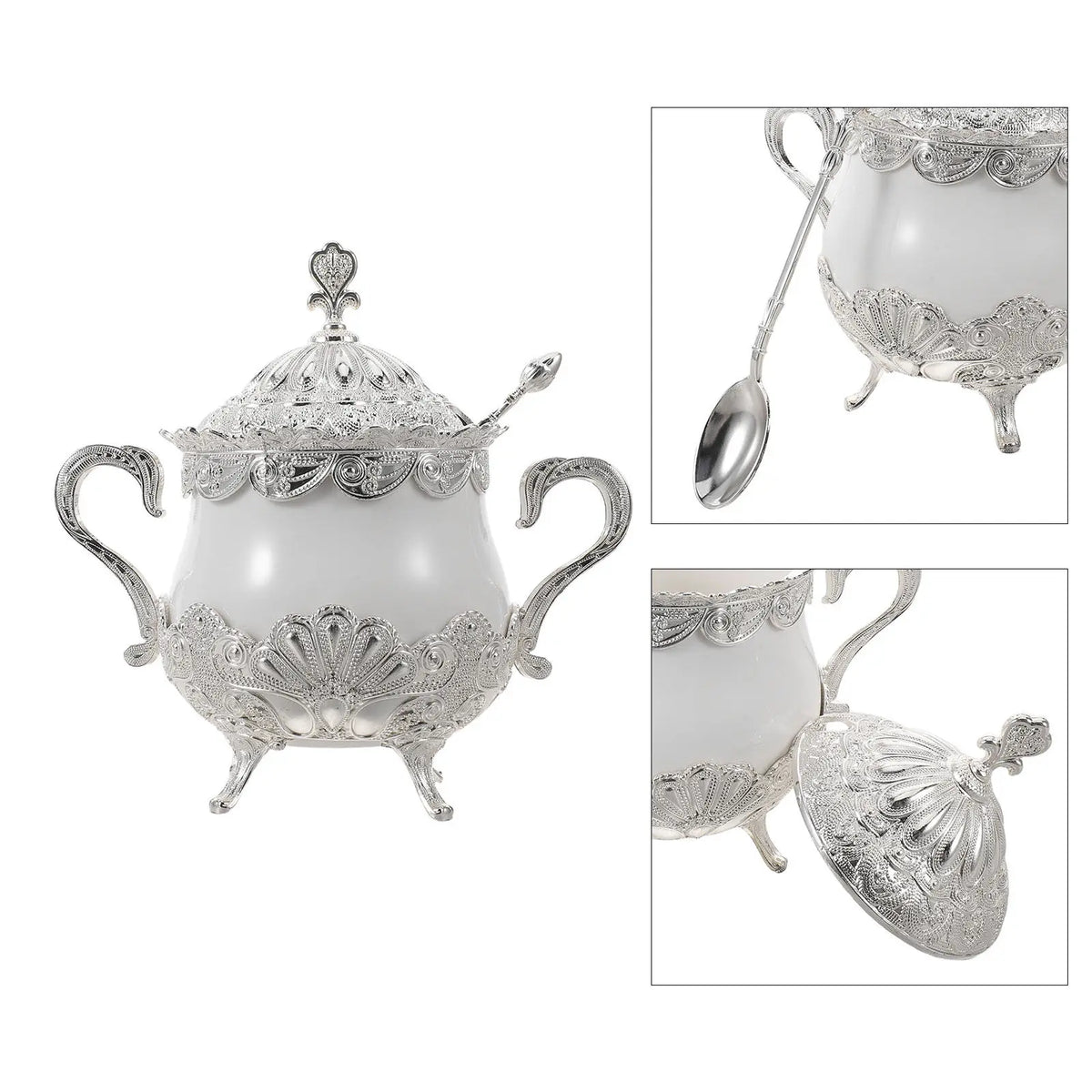 Ceramic Sugar Bowl with Lid & Spoon – Vintage Peacock Design Ceramic Storage Jar SWANS