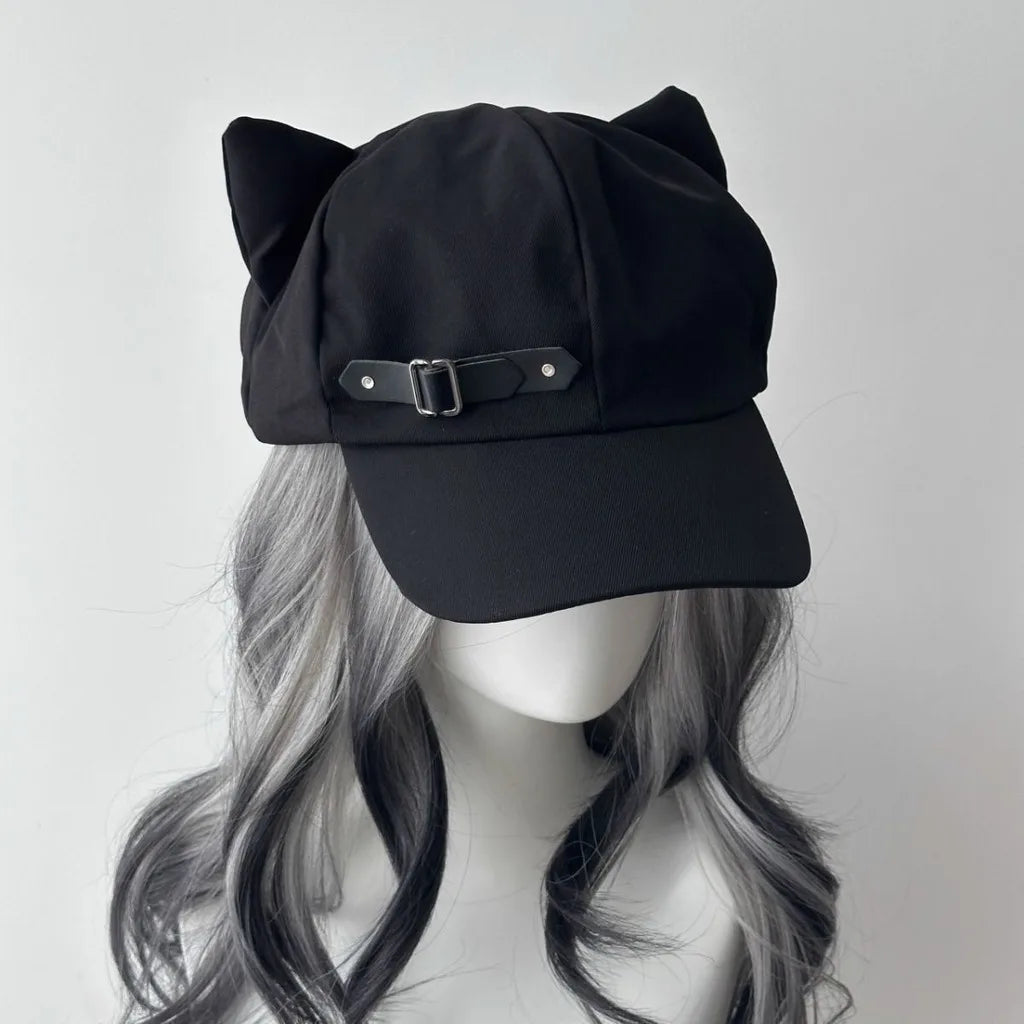 Y2K Cat Ear Peaked Beret – Cute Cotton Hat for Women Beret Hat SWANS Black Square