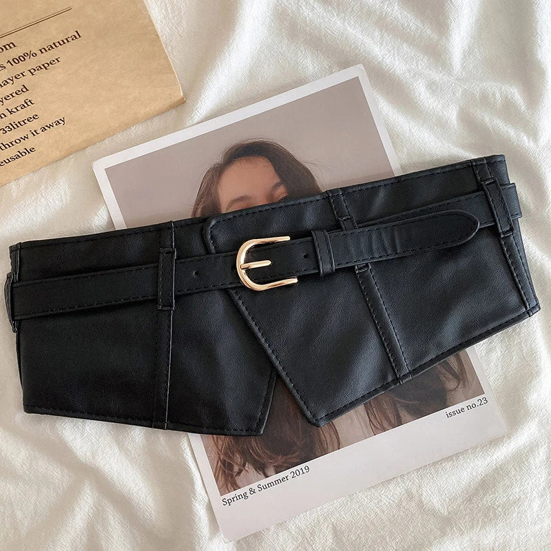 Women's Wide Elastic Corset Belt – PU Leather Waist Cincher Wide Corset Belt SWANS