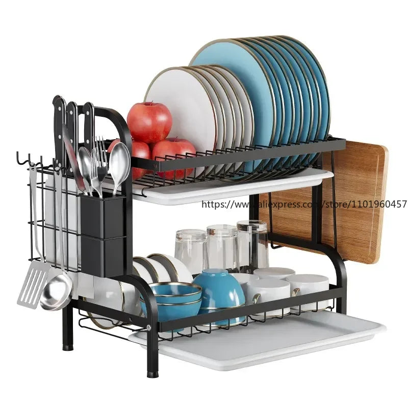 SWANS 2-Tier Dish Drainer with Drainboard & Cutting Board Holder Dish Drying Rack SWANS