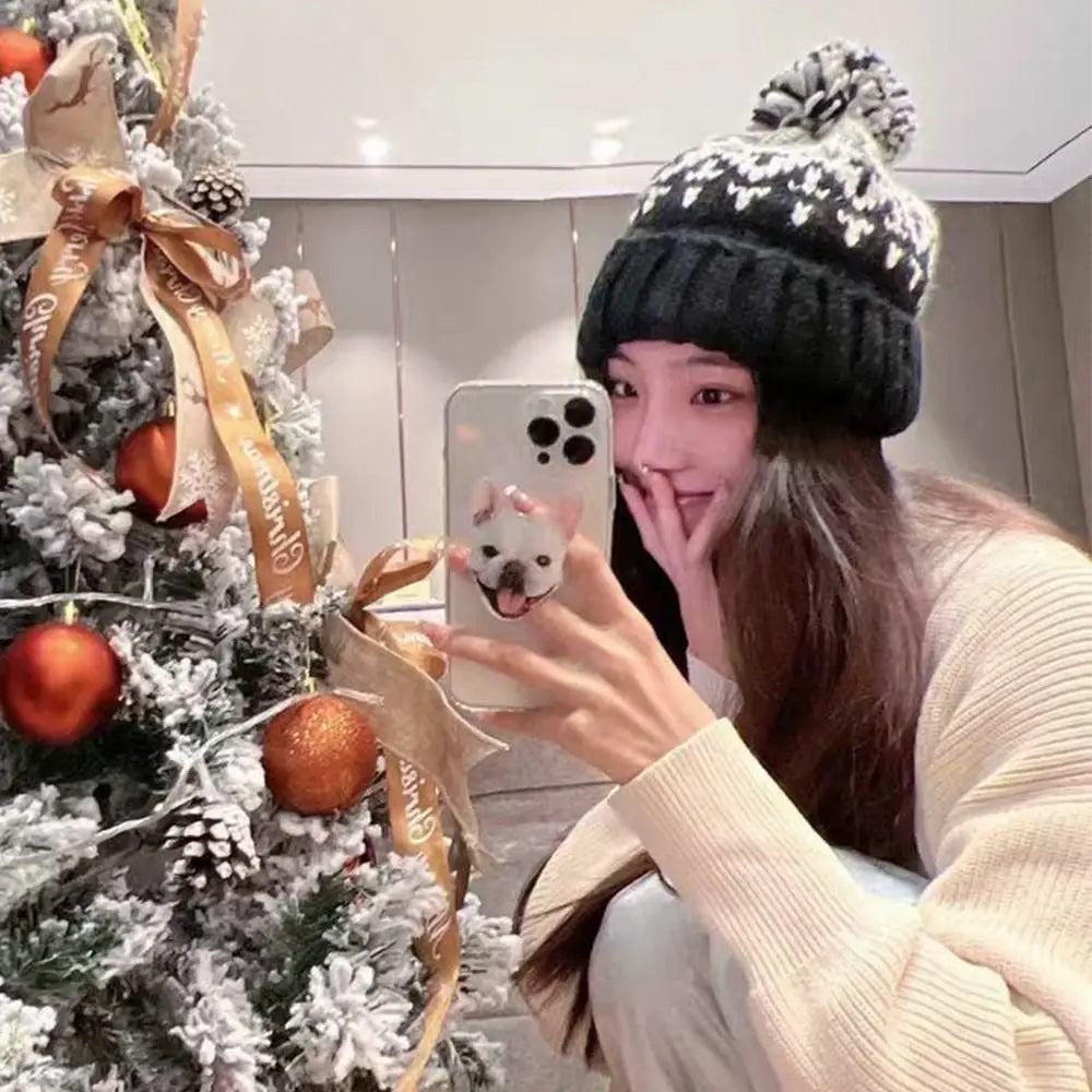 Women's Thickened Pompom Knit Beanie Hat with Ear Flaps Winter Knit Beanie SWANS