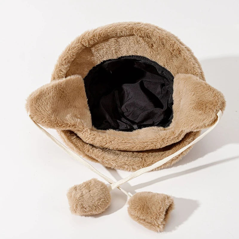 Women's Fluffy Faux Fur Bucket Hat – Warm Winter Fisherman Cap Winter Bucket Hat SWANS