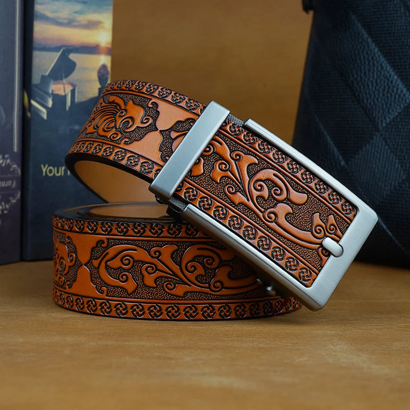 Men's Embossed Split Leather Belt – Adjustable Buckle | 3.5cm Men's Leather Belt SWANS DC48 Light brown 125cm Fit 36-42