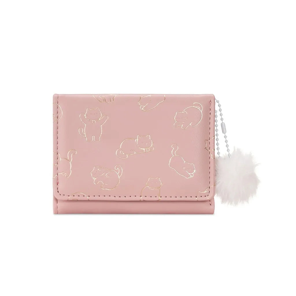 Women's Tri-Fold PU Wallet – Cute Cat Pom Pom Card Purse Women's Wallet SWANS Pink