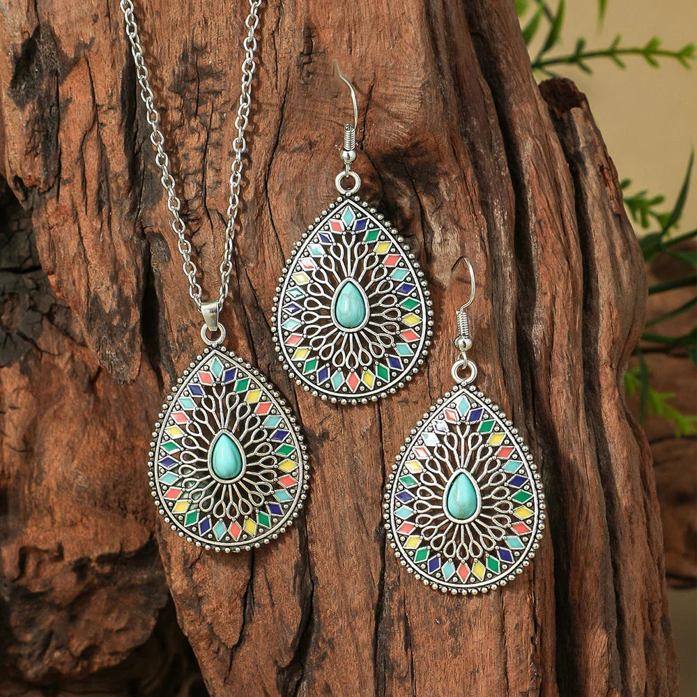 Vintage Turquoise Earrings & Necklace Set – Bohemian Jewelry Jewelry Set SWANS Style 2