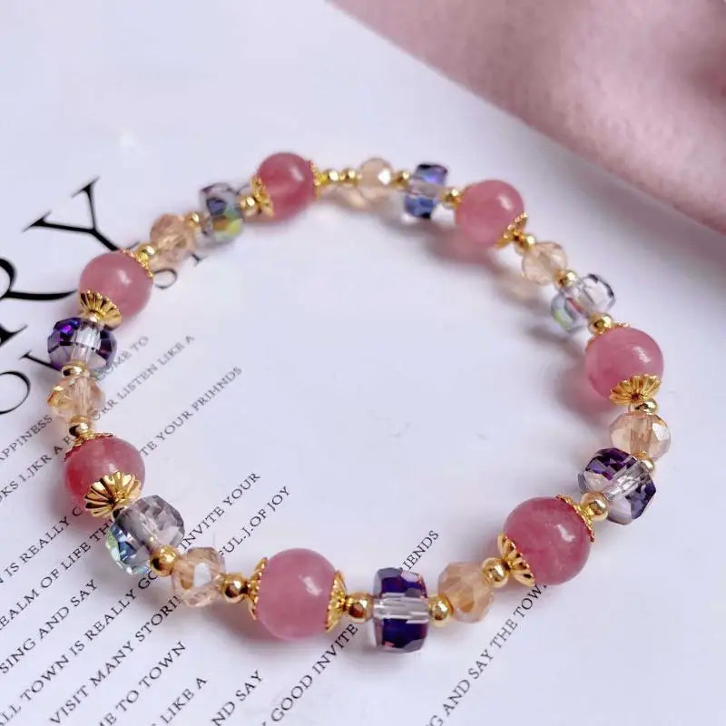 Natural Strawberry Crystal Beaded Bracelet – Pink Elastic Bangle Crystal Beaded Bracelet SWANS A1