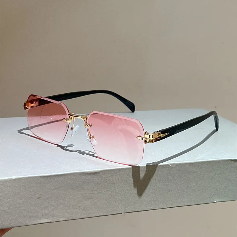 Y2K Rimless Diamond Cut Sunglasses UV400 Unisex Metal Punk Fashion Sunglasses SWANS Pink As the picture