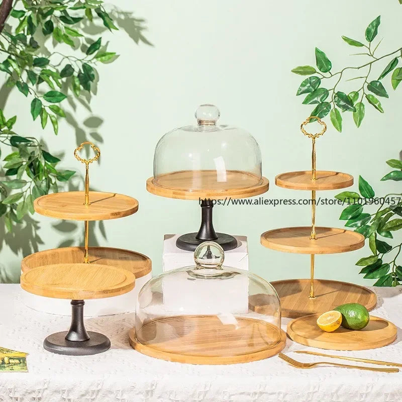 Wooden High-Foot Tray with Glass Cover – Cake & Dessert Stand Cake & Dessert Stand SWANS