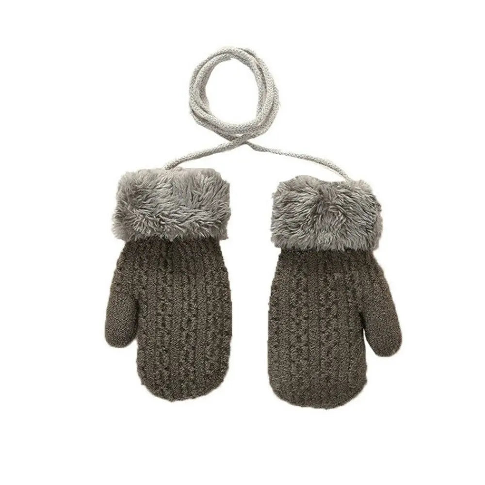Kids Winter Knit Faux Fur Mittens Hanging Neck Gloves Ages 1–4 Kids Winter Mittens SWANS dark gray