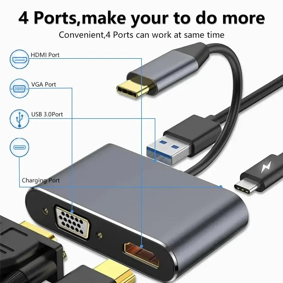 USB-C 4-in-1 Hub – 4K HDMI, VGA, USB 3.0 & PD Charging USB-C Docking Hub SWANS