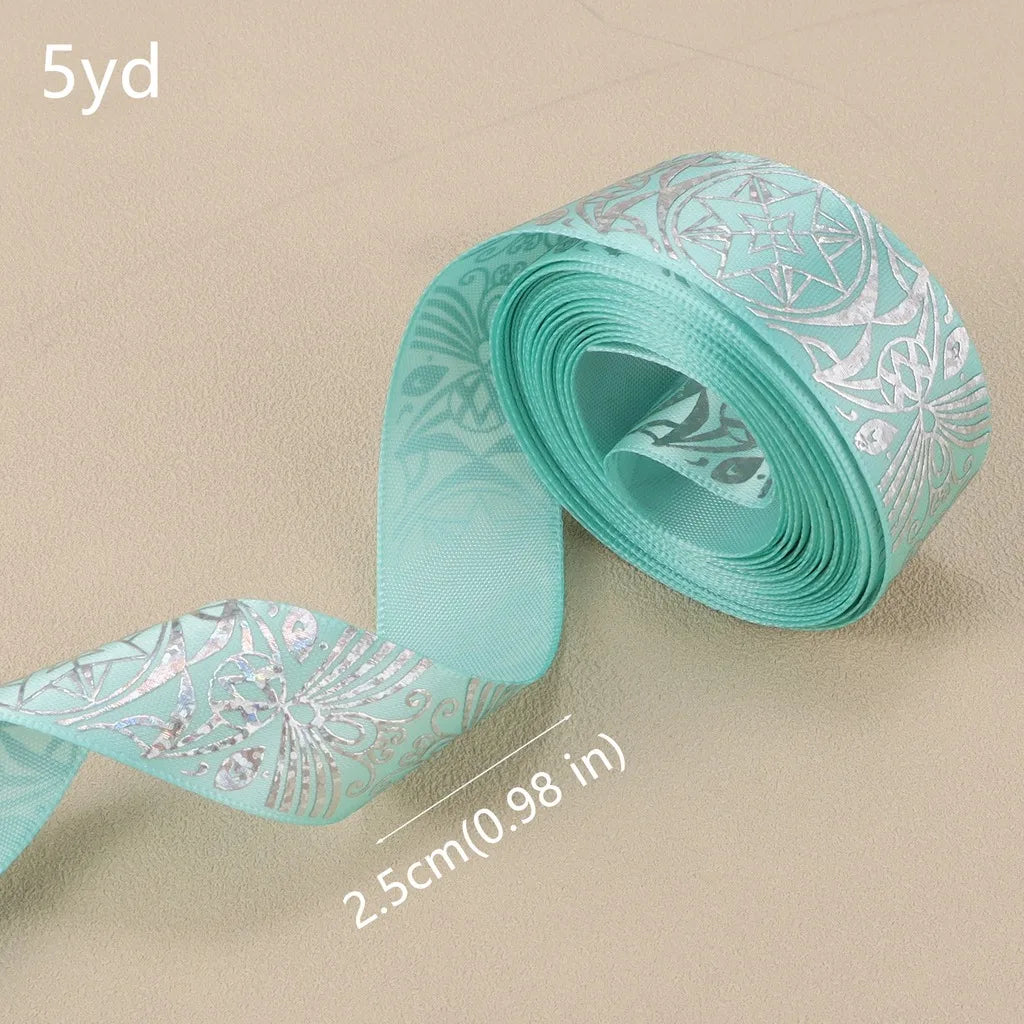 Satin Ribbon Silver Printed Octagon – 5 Yards, 5 Colors Decorative Craft Ribbon SWANS Teal
