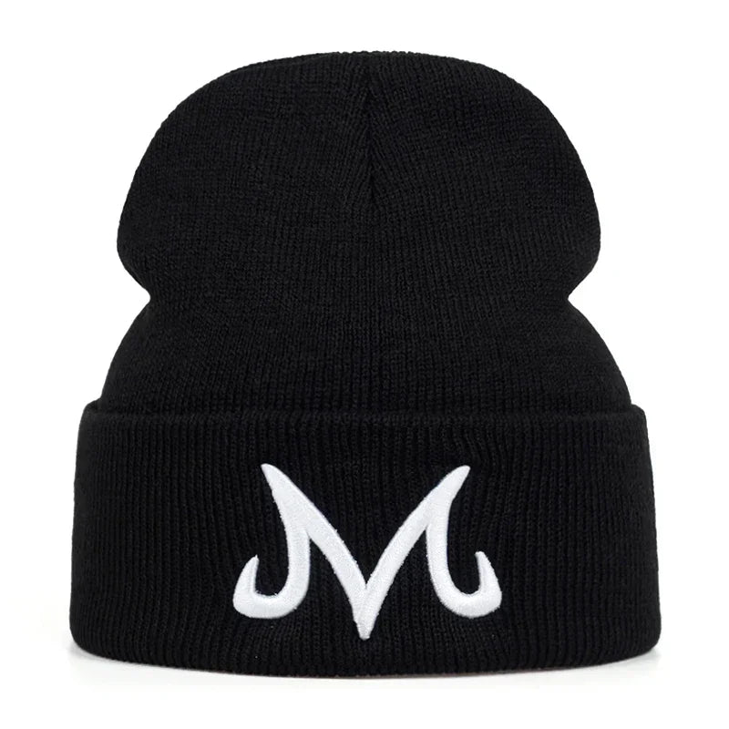 SWANS M Letter Embroidery Knit Beanie Hat – Unisex One Size Knit Beanie Hat SWANS Black white