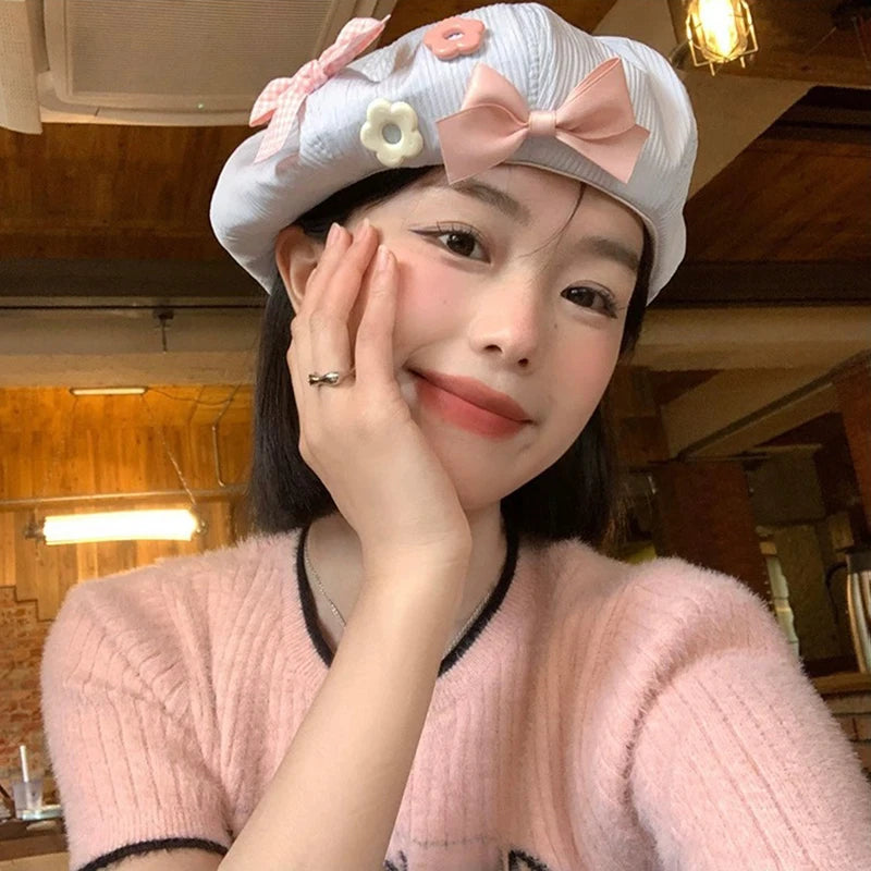 Women's Cotton Beret Hat – Bow Flower Button Octagonal Cap Women's Beret Hat SWANS