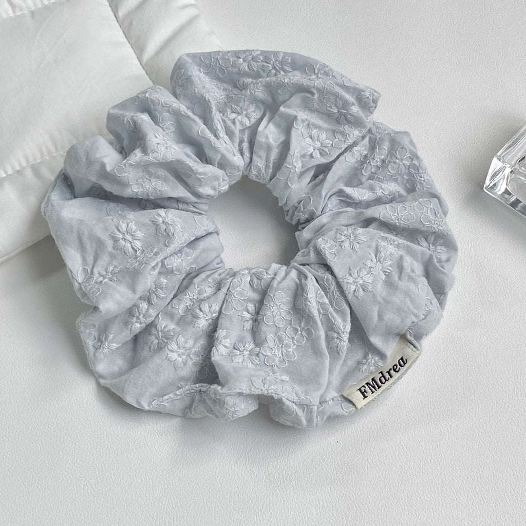 Floral Embroidered Hair Scrunchies – Light Blue & Cream Embroidered Hair Scrunchie SWANS