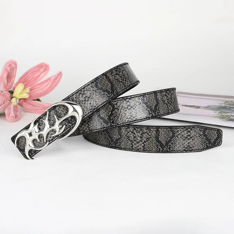 Y2K Punk Snake Print PU Leather Belt – Unisex Metal Buckle Fashion Waist Belt SWANS