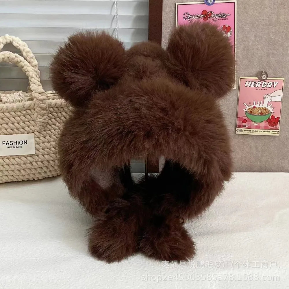 Women's Winter Wool Bucket Hat with Bear & Rabbit Ears Winter Bucket Hat SWANS Brown-C