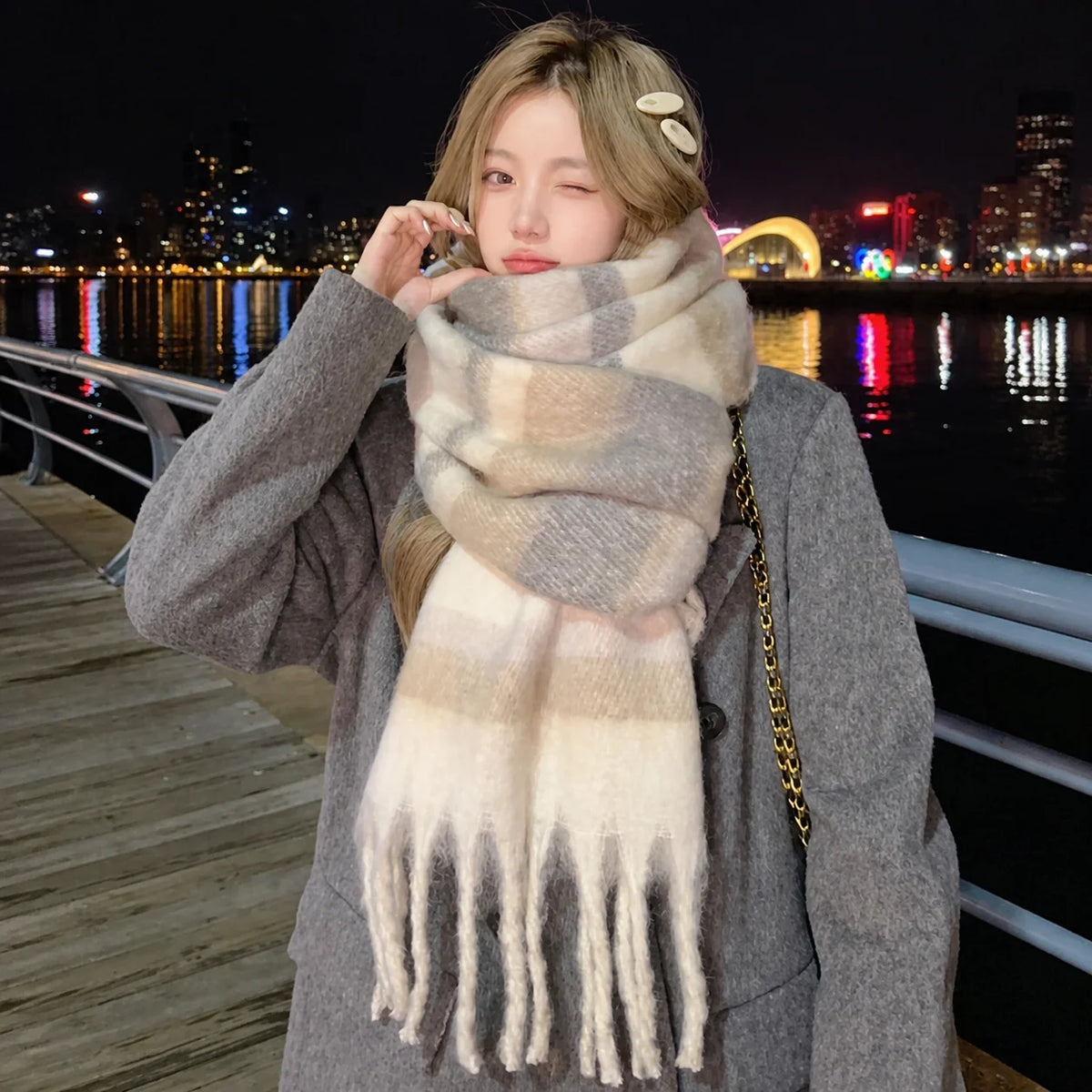 Women's Soft Mohair Fringe Scarf – Check & Solid Wrap Fringe Wrap Scarf SWANS