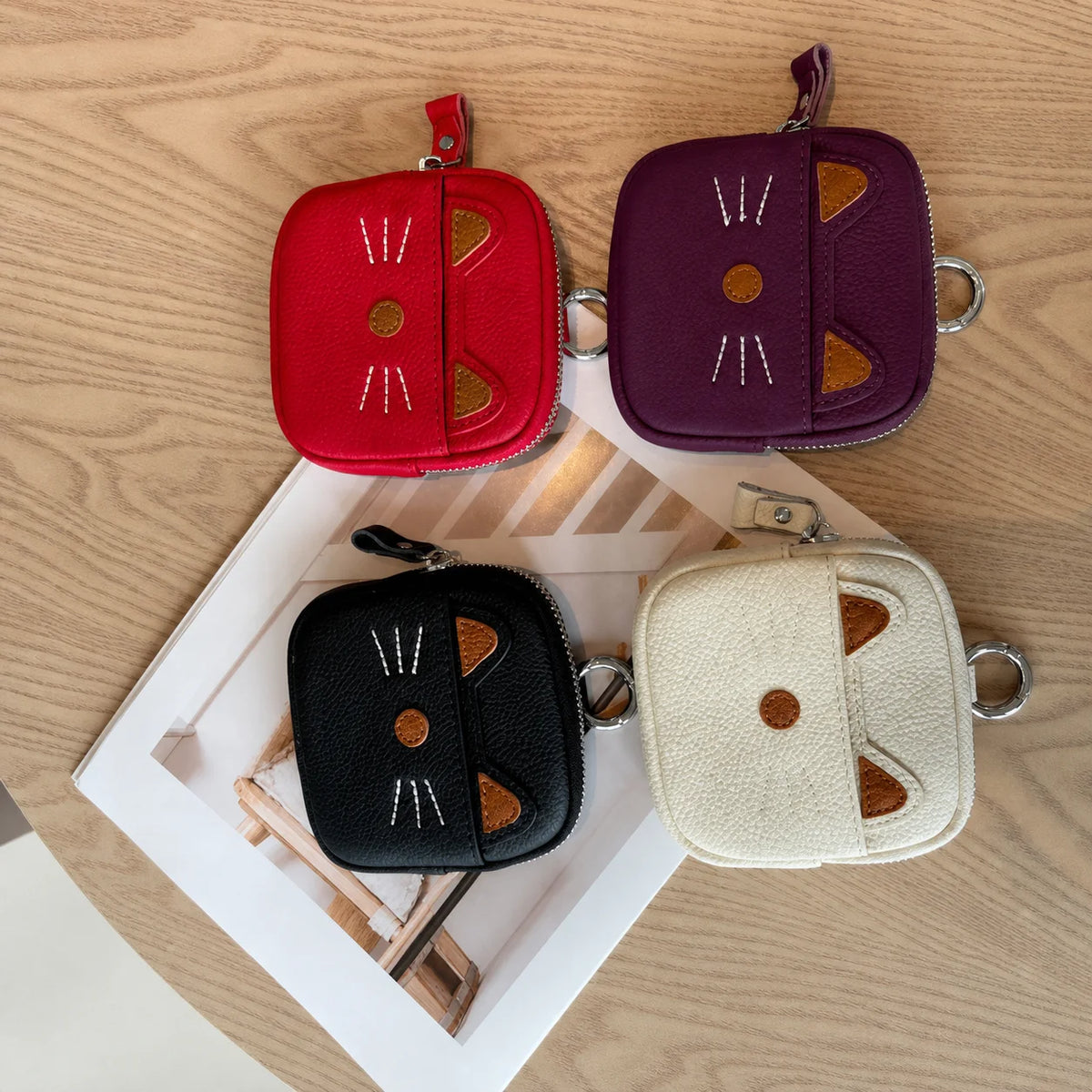Cute Cat Leather Coin Purse – Zipper Pouch with Key Ring Mini Coin Purse SWANS