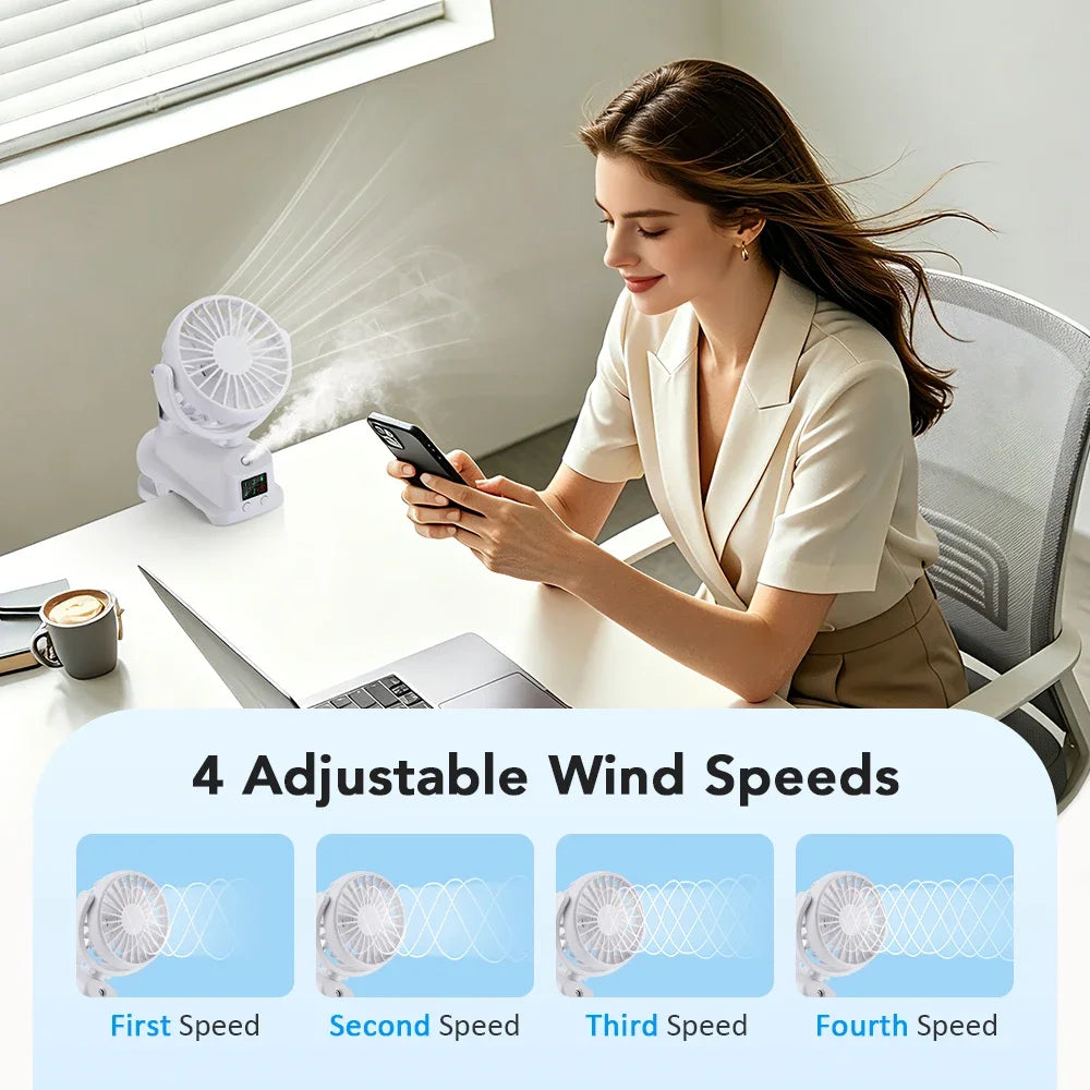 AFDEAL Clip-On Mist Fan USB Rechargeable 4-Speed LED Display Clip-On Mist Fan SWANS