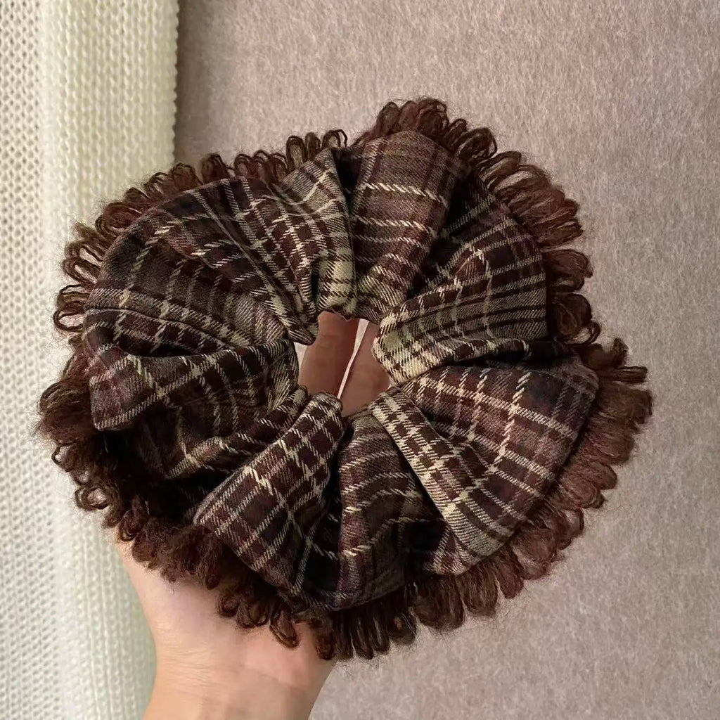 Plaid Fringed Scrunchie – Vintage Tartan Hair Tie for Women Hair Scrunchie SWANS