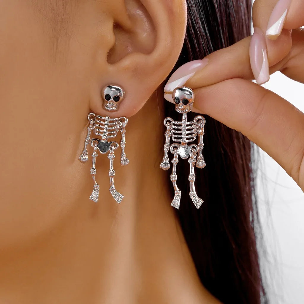 Gothic Skull Skeleton Drop Earrings – Halloween Costume Jewelry Gothic Drop Earrings SWANS Silver-3