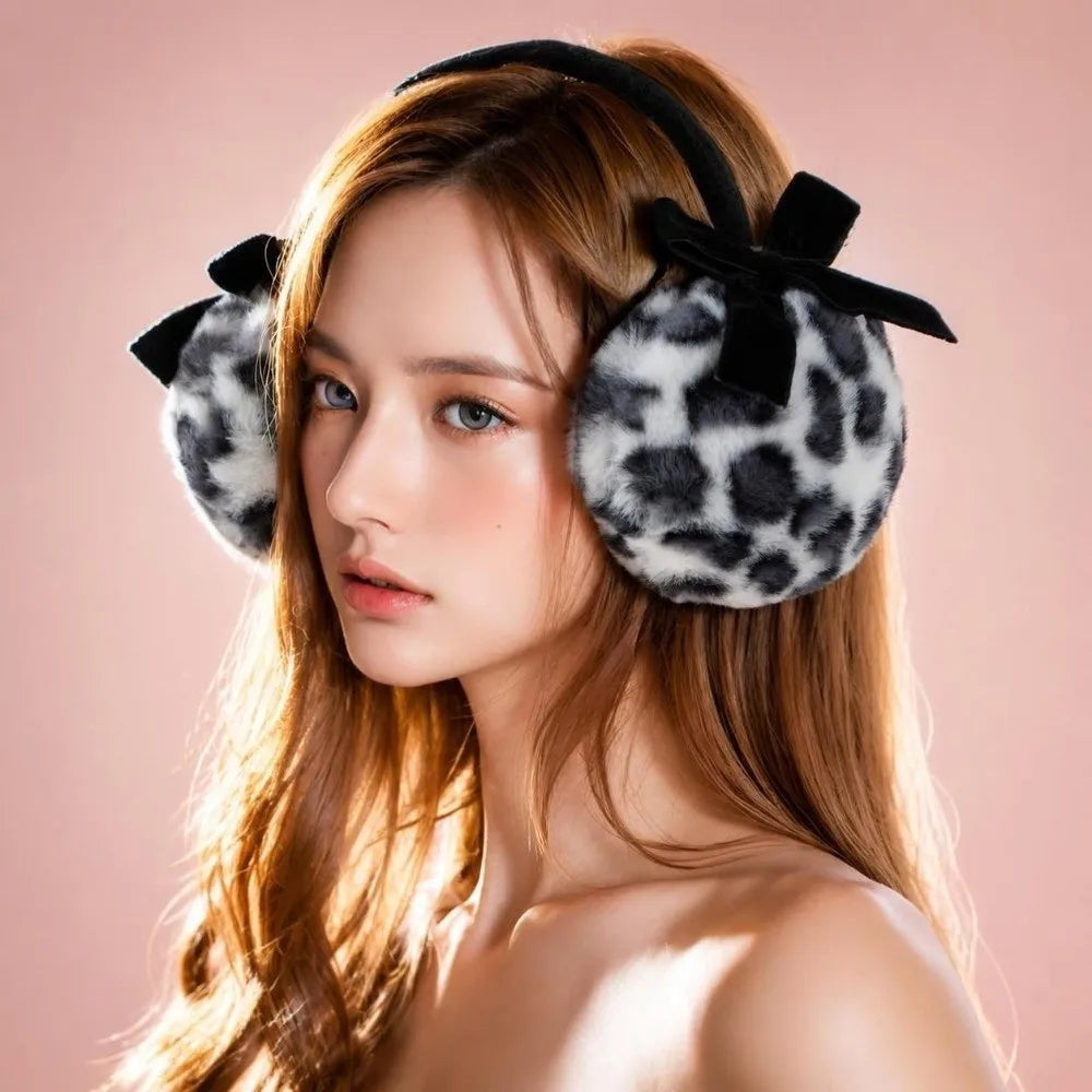 Retro Leopard Faux Fur Earmuffs – Bowknot Fluffy Ear Warmers Faux Fur Earmuffs SWANS