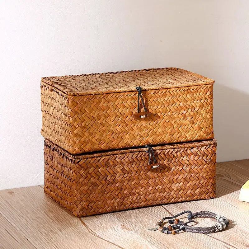 Woven Bamboo Covered Storage Basket – Boho Vintage Desk Organizer Woven Storage Basket SWANS