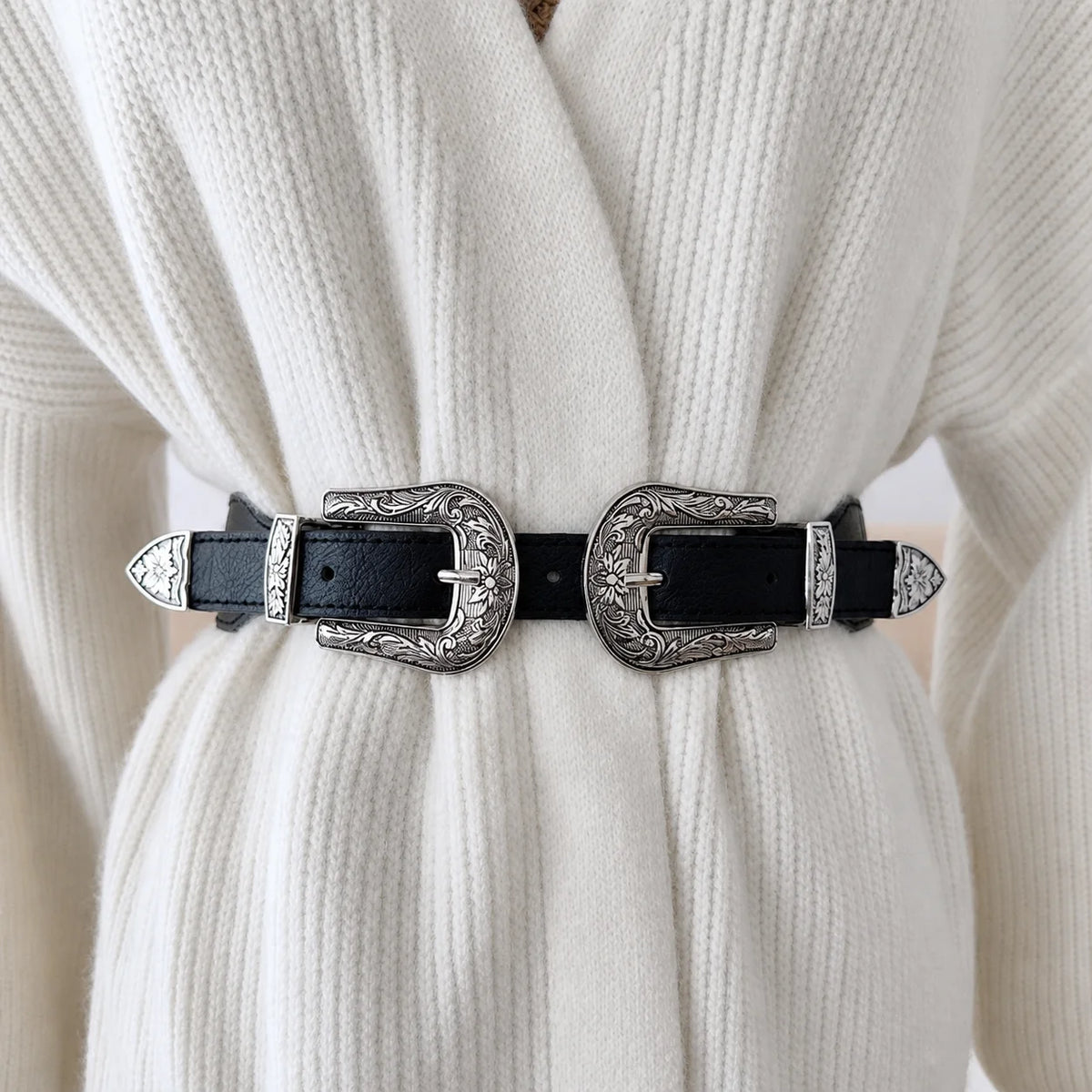 Women's Vintage Elastic Waist Belt – Adjustable PU Leather Elastic Waist Belt SWANS Silver 90cm