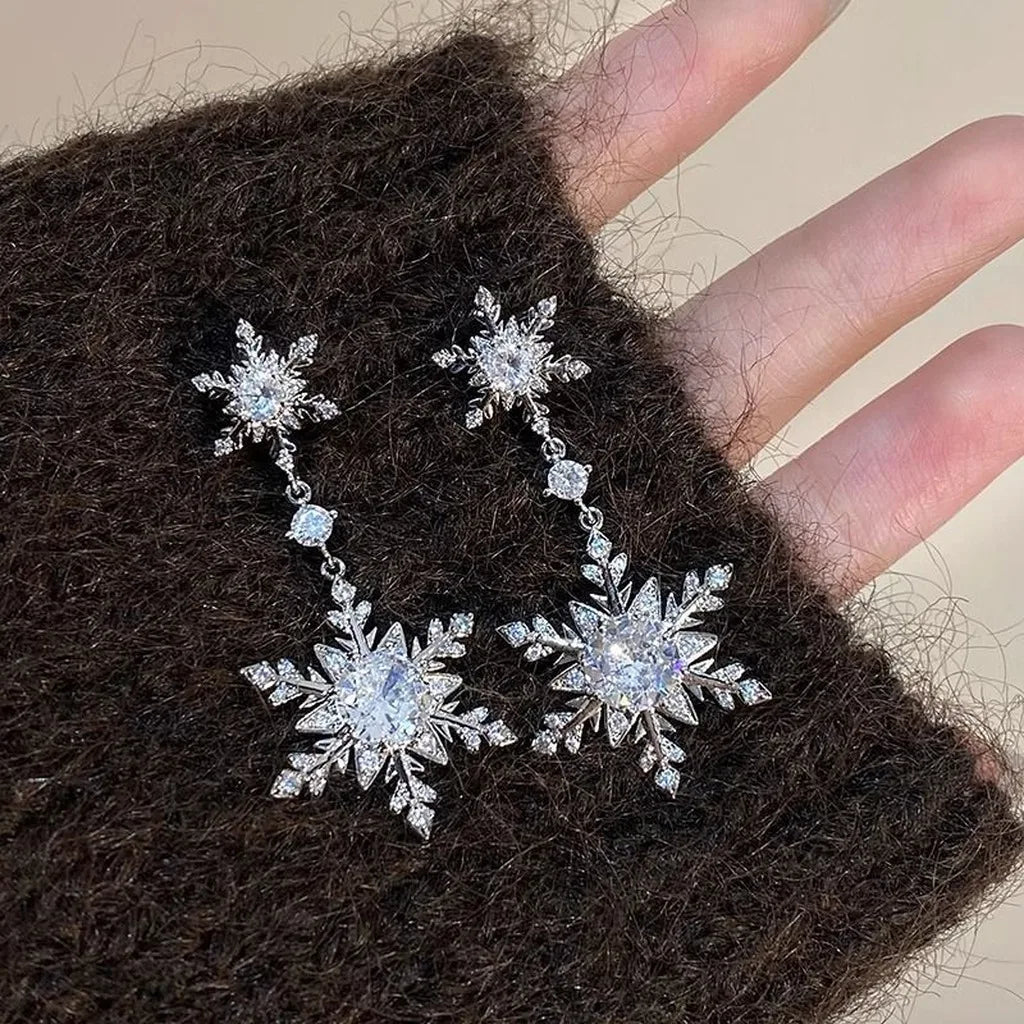 Double Snowflake Dangle Earrings – Hypoallergenic CZ Drop Dangle Earrings SWANS