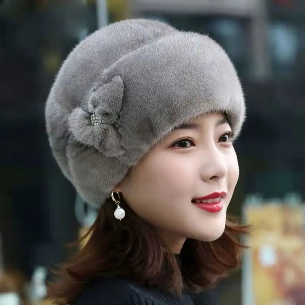 Faux Rabbit Fur Winter Bucket Hat – Flower Decor Women's Cap Winter Bucket Hat SWANS