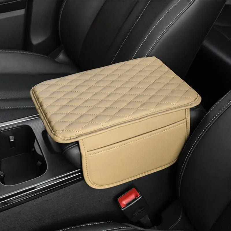 Universal Diamond PU Leather Car Armrest Cover + Side Pockets Car Armrest Cover SWANS Beige