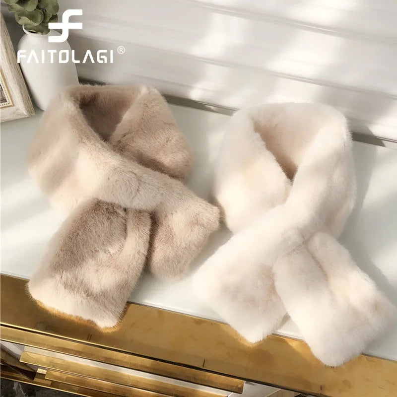 FAITOLAGI Women's Faux Rabbit Fur Snood Scarf – Soft Plush Warmer Faux Fur Scarf SWANS