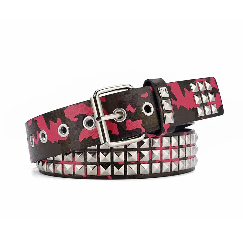 Y2K Punk Rock Square Bead Rivet Belt – Unisex Metal Belt Punk Rivet Belt SWANS Red camouflage 110cm