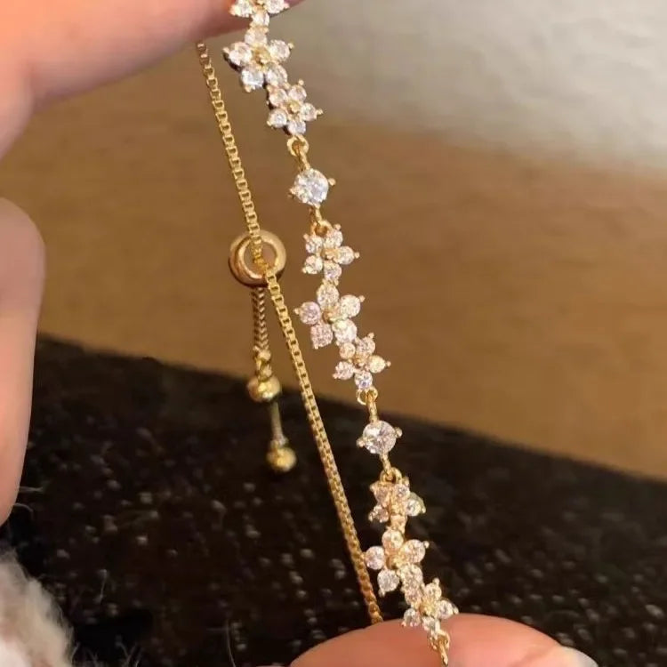 Zircon Cherry Blossom Adjustable Bracelet | Women's Gift Fashion Bracelet SWANS Gold