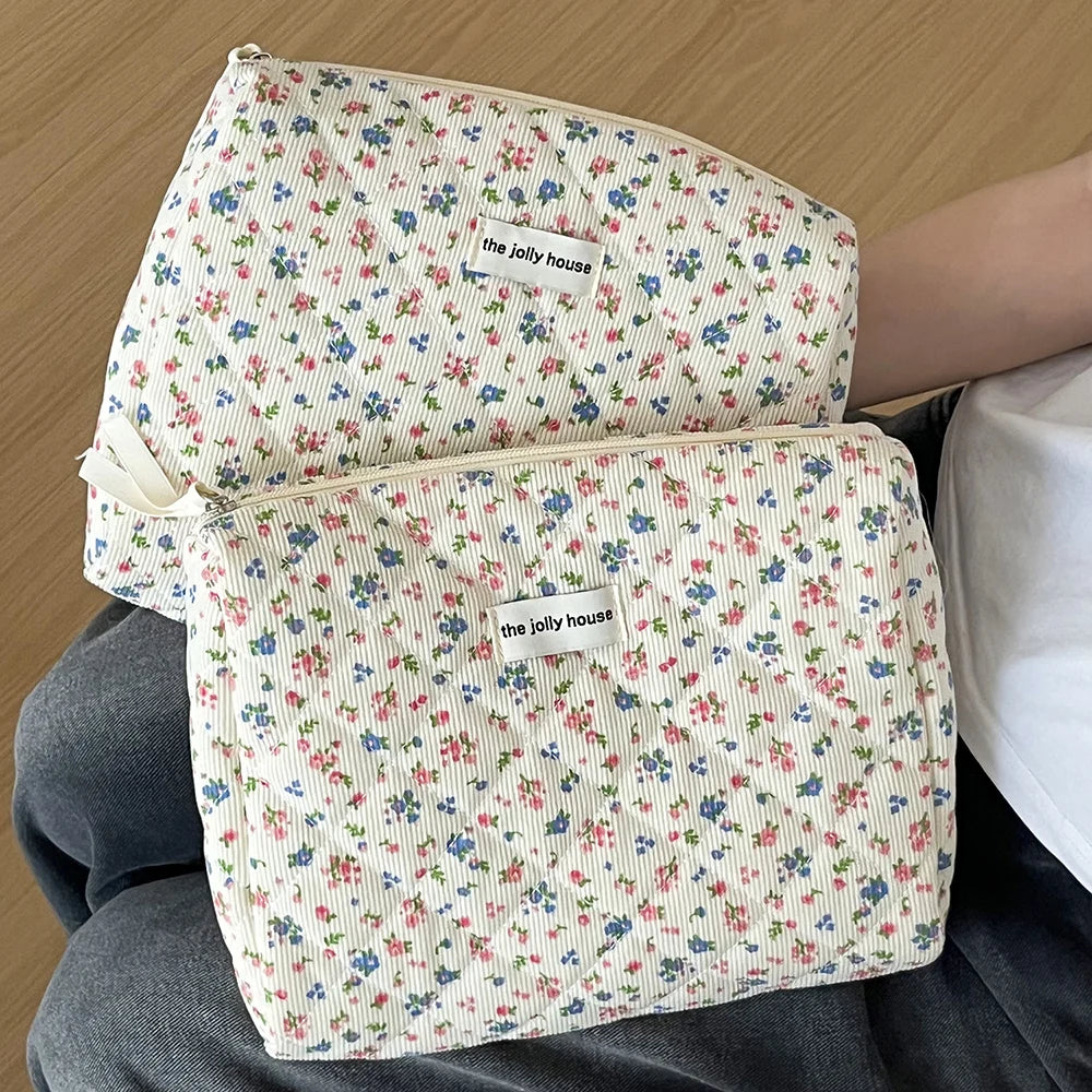 Vintage Floral Quilted Cotton Makeup Bag & Cosmetic Tote Cosmetic Makeup Bag SWANS