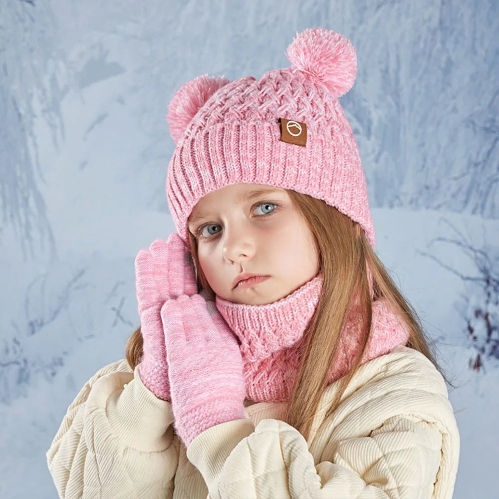 Kids Winter Hat Gloves & Scarf Set – Knit Beanie with Pom Kids Winter Accessory Set SWANS Dark Pink