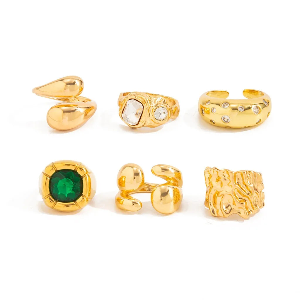 6-Piece Gold Plated Geometric Gemstone Ring Set – Adjustable Fashion Ring Set SWANS