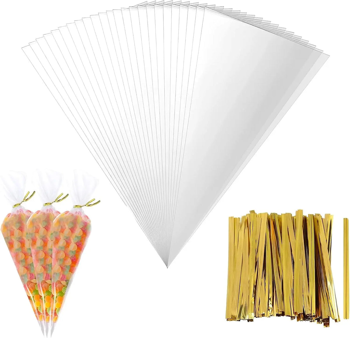 50-Pack Clear Cone Treat Bags with Twist Ties – Party Favors Cone Treat Bags SWANS